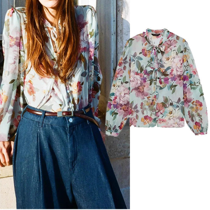 Bow Printed Long Sleeve Stand Collar Shirt