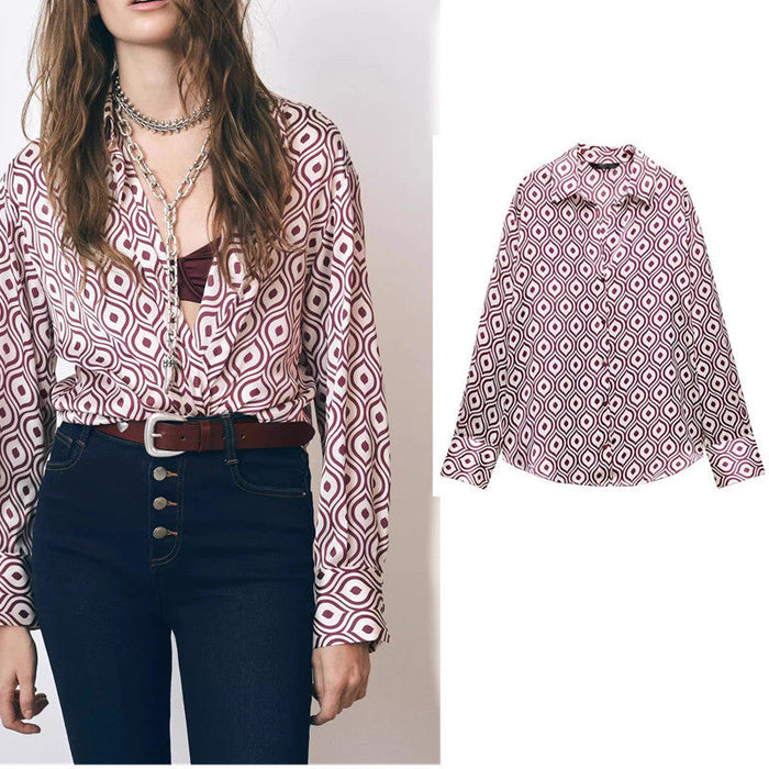 Geometric Pattern Printed Silk Satin Long Sleeve Shirt