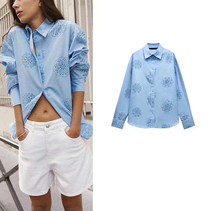 Product Lapel Long-Sleeved Laminated Embroidered Decorative House Silk Shirt