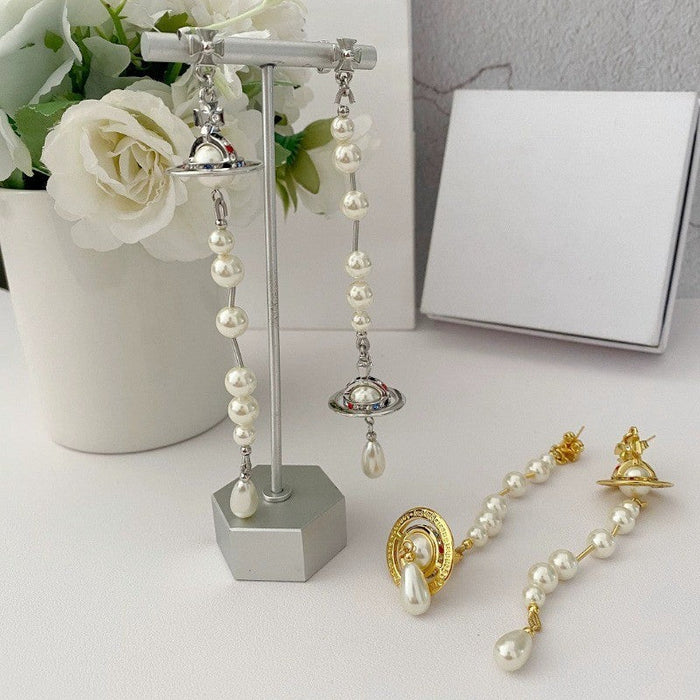 Empress Dowager UFO Lettering Asymmetric Broken Pearl Three-Dimensional Saturn Long Earrings Internet Celebrity Tassel Earrings Women