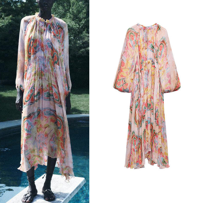 New Product Round Neck Printed Fan Flute Dress