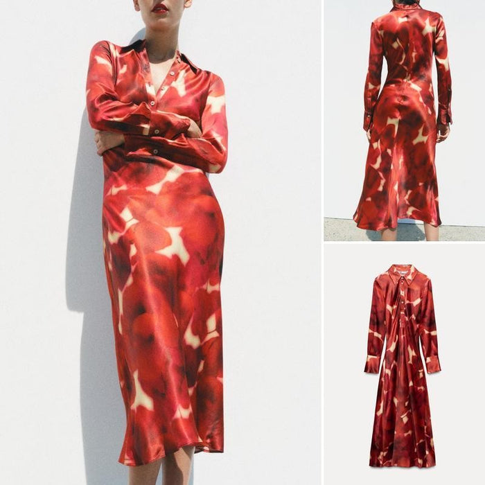 2025 Autumn New Style Printed Satin Dress
