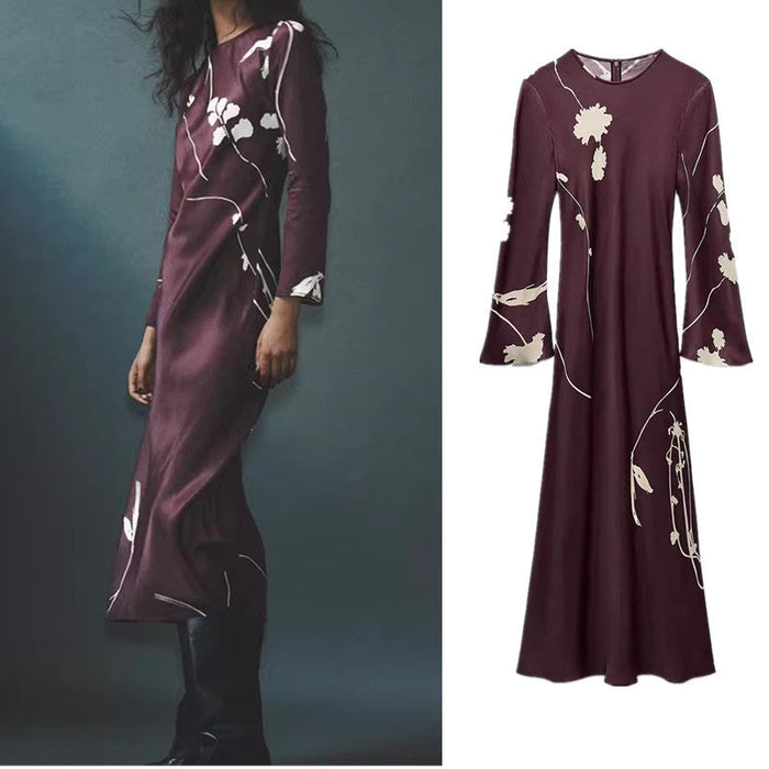 Silk Satin Print Long Sleeve Long Dress