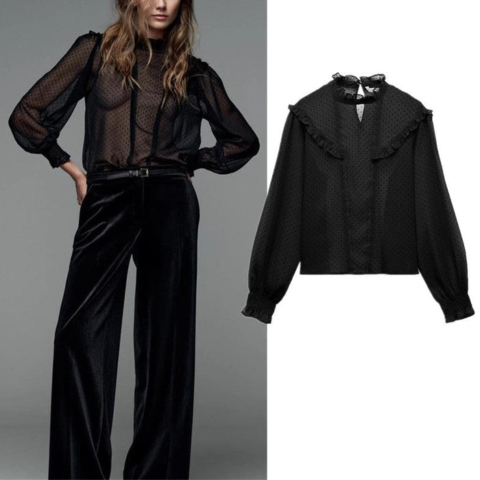 Loose Stand Collar Long Sleeve Tulle Shirt Top