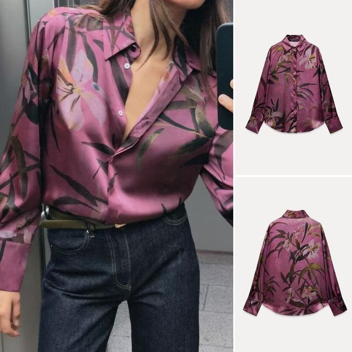 New Style Satin Printed Lapel Long Sleeve Shirt