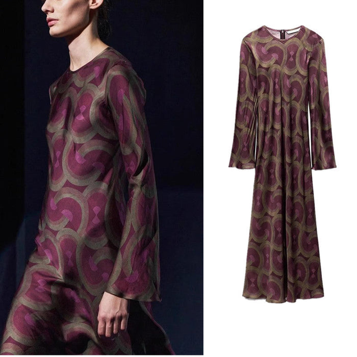 2025 Printed Round Neck Long Sleeve Silk Satin Dress 8706660