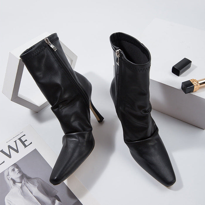 New Fine With Pleated Short Boots Female Mid-Thigh