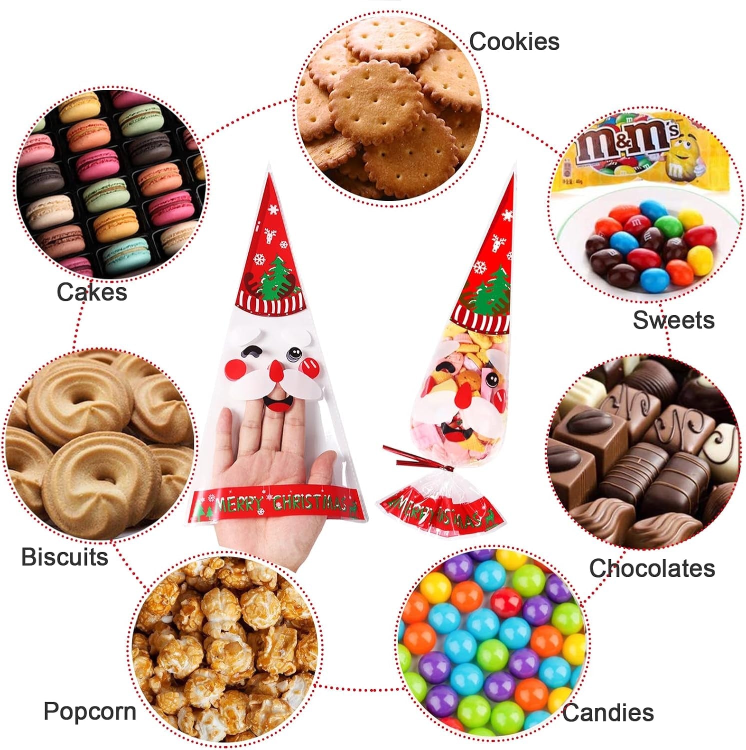 100 Pack Christmas Sweet Cone Bags, Clear Cellophane Candy Treat Bags with 100 Red Twist Ties, 16 X 30Cm/6.3 X 12 Inches, Christmas Occasion