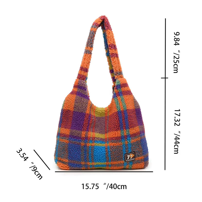 Women Lamb Wool Fluffy Handbag Large Capacity Plush Shoulder Bag Plaid Pattern Tote Bag Vintage Fashion Shopping Underarm Bag