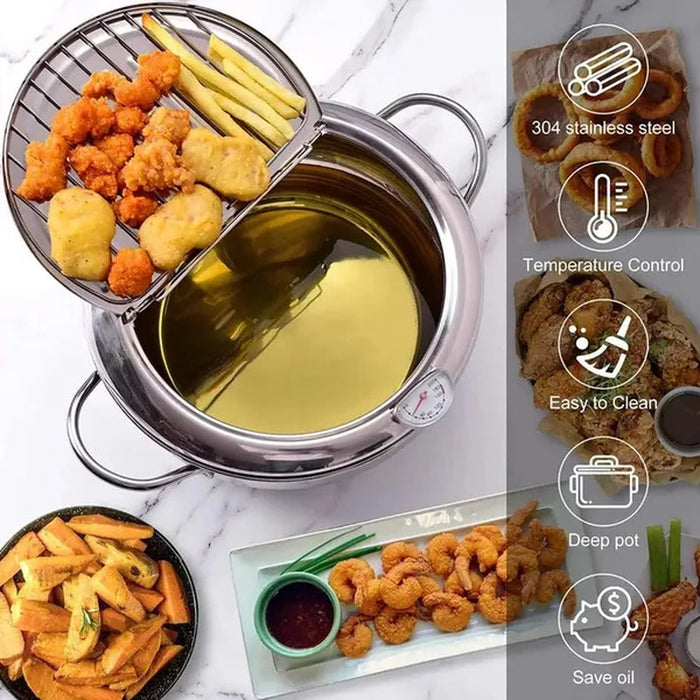 Japanese Style Deep Fryer Stainless Steel with Thermometer and Basket and Lid Kitchen Tempura Fry Pan Deep Fry Kitchenware