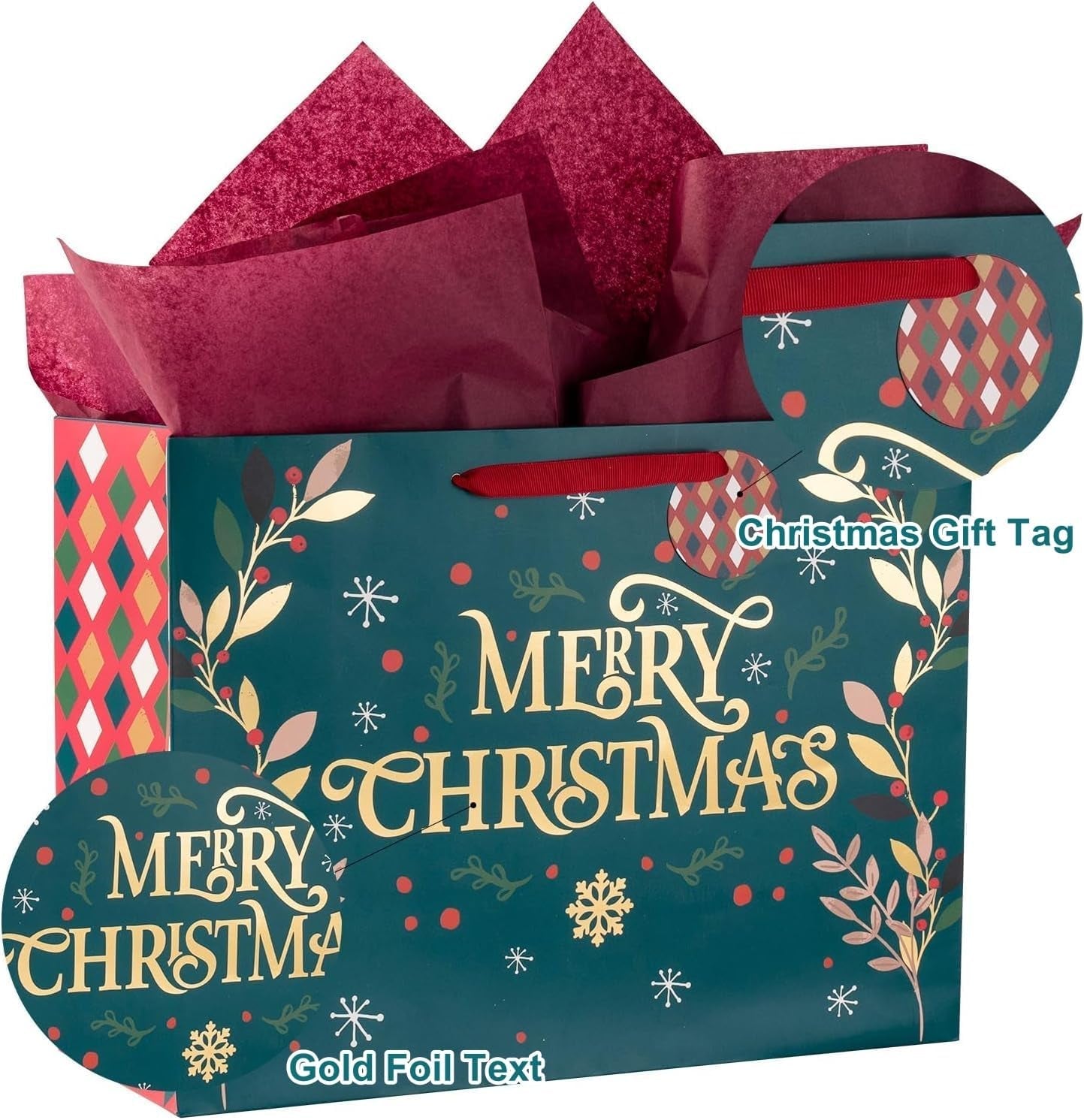 4Pcs Large Christmas Bags Gift Bags with Greeting Card, 40CM X 30CM X 15CM Kraft Paper Bag Christmas Theme Goody Bag with Gift Tag and Tissue Paper for Holiday Xmas Gift Packaging
