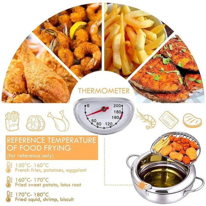 Japanese Style Deep Fryer Stainless Steel with Thermometer and Basket and Lid Kitchen Tempura Fry Pan Deep Fry Kitchenware