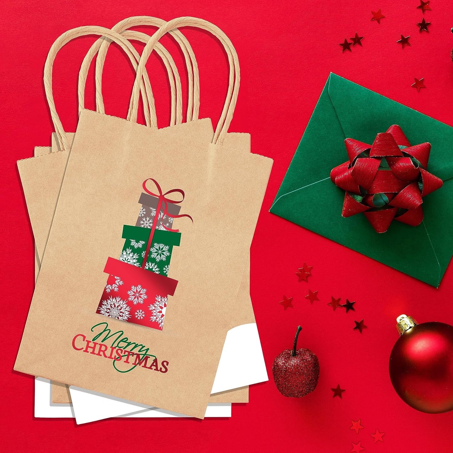 Easykart 24 Christmas Kraft Gift Bags with Red Foiling - Holiday, Xmas, Party Favors (9 X 7.3 X 3.3)
