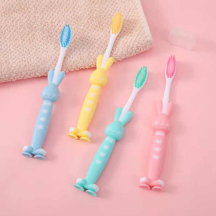 SMGSLIB 4Pcs Children'S Soft Toothbrush Cute Bear and Rabbit Brush Dental Care Baby Toothbrushes with Suction Cup Oral Items