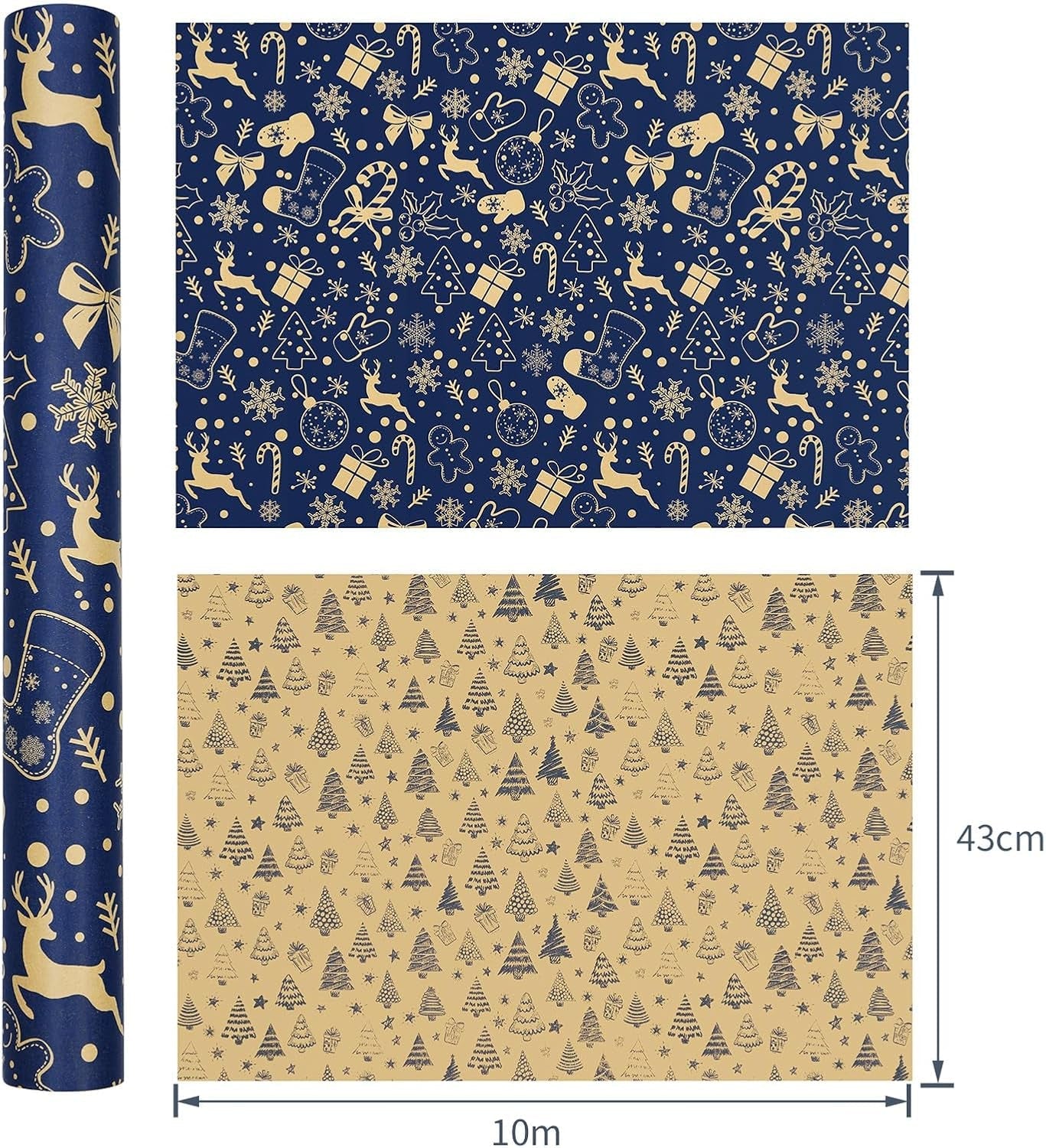 Christmas Wrapping Paper Roll Xmas Gift Wrap, Luxury Wrapping Papers 43Cm*10M Double-Sides Kraft Present Wrap Ornament for Secret Santa Claus Party New Year Festive Holiday
