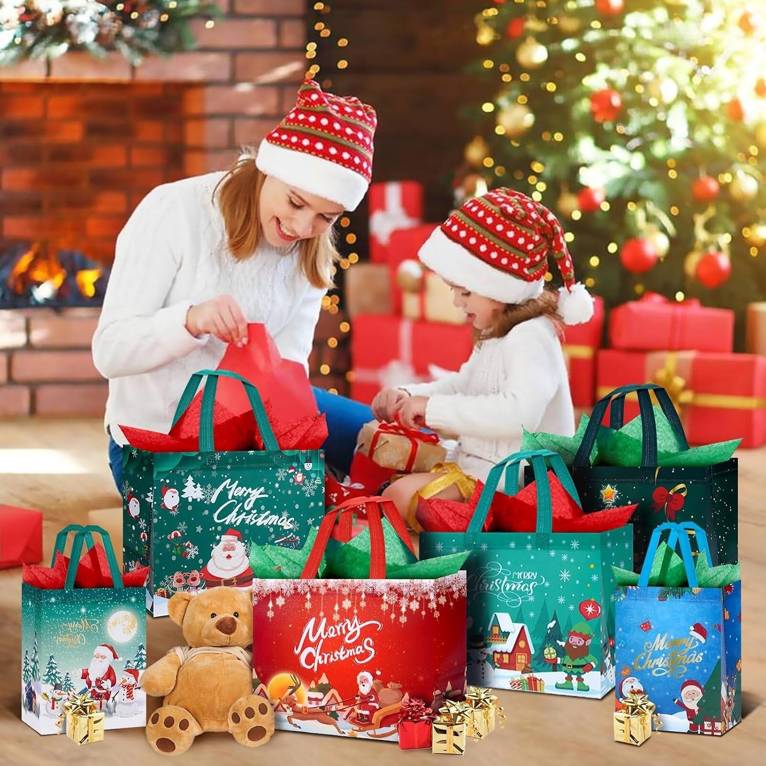 12 Pack Christmas Bags with Tissue Paper, Reusable Tote Bag with Handles Includes 8 Large 13",4 Medium 10" Christmas Treat Shopping Bags, Xmas Party Favor Bags Decorations