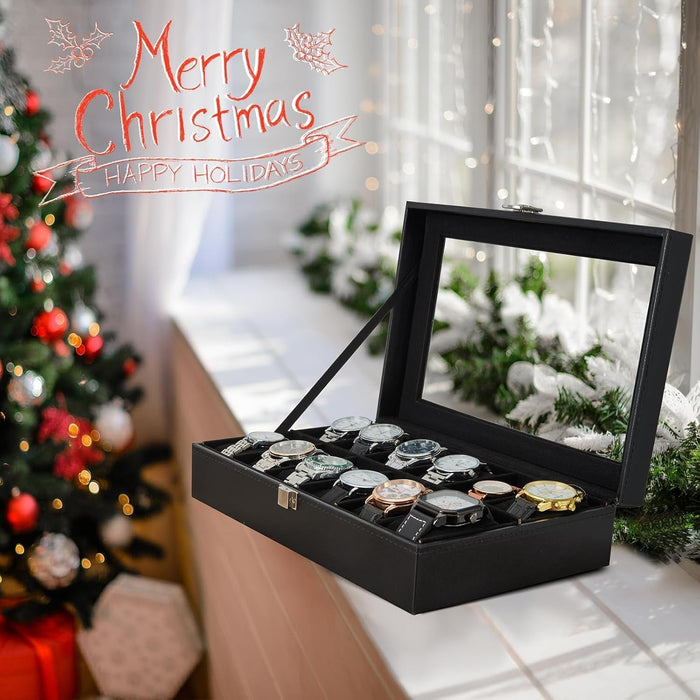 Watch Box with 12 Slots, Watch Case with Glass Lid, PU Leather Watch Holder with Velvet Pillows, Watch Storage Box for Men and Women, Gift Idea for Birthday Father'S Day Christmas