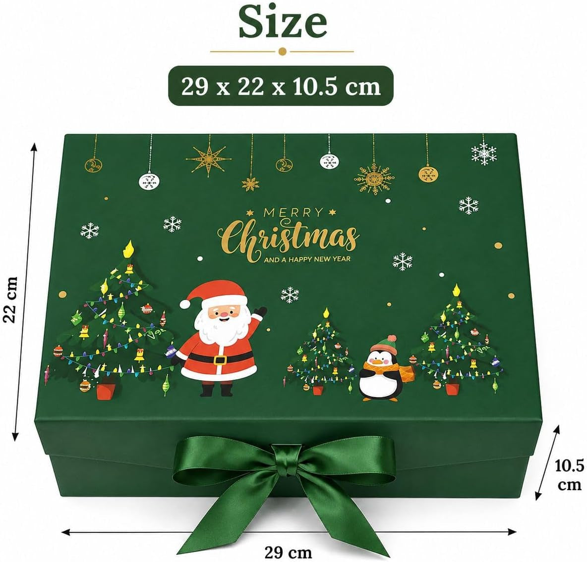 Luxury Magnetic Gift Box with Attached Lid & Ribbon – Foldable Reusable Holiday Packaging with Festive Designs (Green Santa Scene (Santa & Snowman with Christmas Tree), Medium)