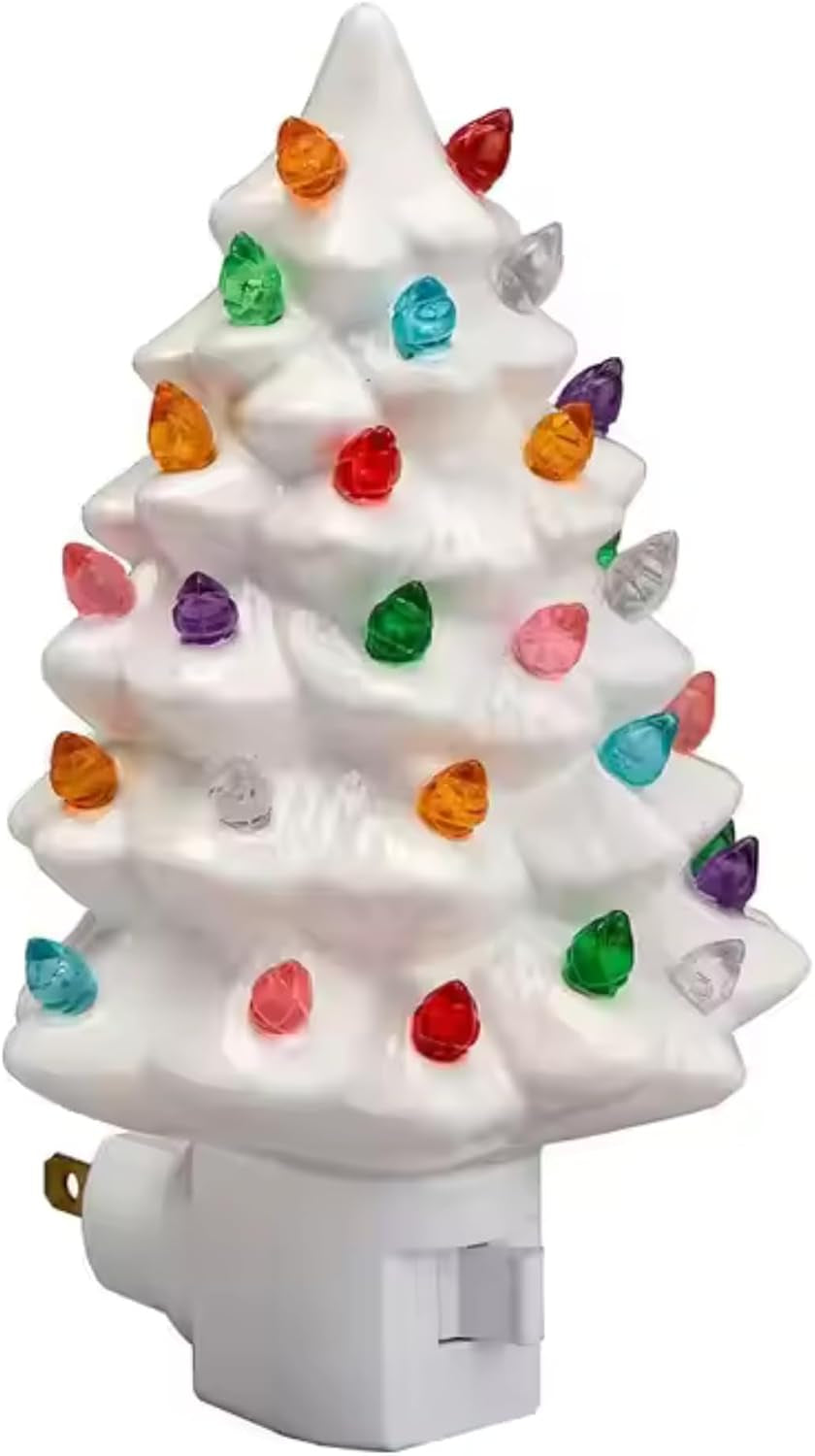 Ceramic Christmas Tree Night Light, Direct Plug, Plugin, Children Bedroom, Multicolor Bulbs & 360 Degree Swivel Plug with On/Off Switch (White)