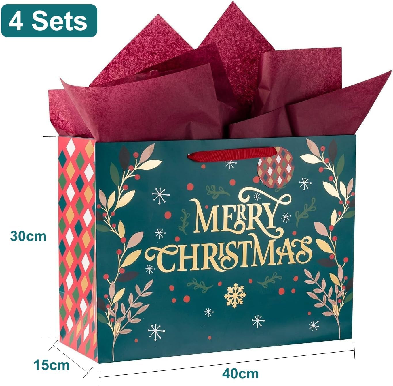 4Pcs Large Christmas Bags Gift Bags with Greeting Card, 40CM X 30CM X 15CM Kraft Paper Bag Christmas Theme Goody Bag with Gift Tag and Tissue Paper for Holiday Xmas Gift Packaging