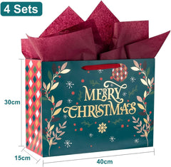 4Pcs Large Christmas Bags Gift Bags with Greeting Card, 40CM X 30CM X 15CM Kraft Paper Bag Christmas Theme Goody Bag with Gift Tag and Tissue Paper for Holiday Xmas Gift Packaging