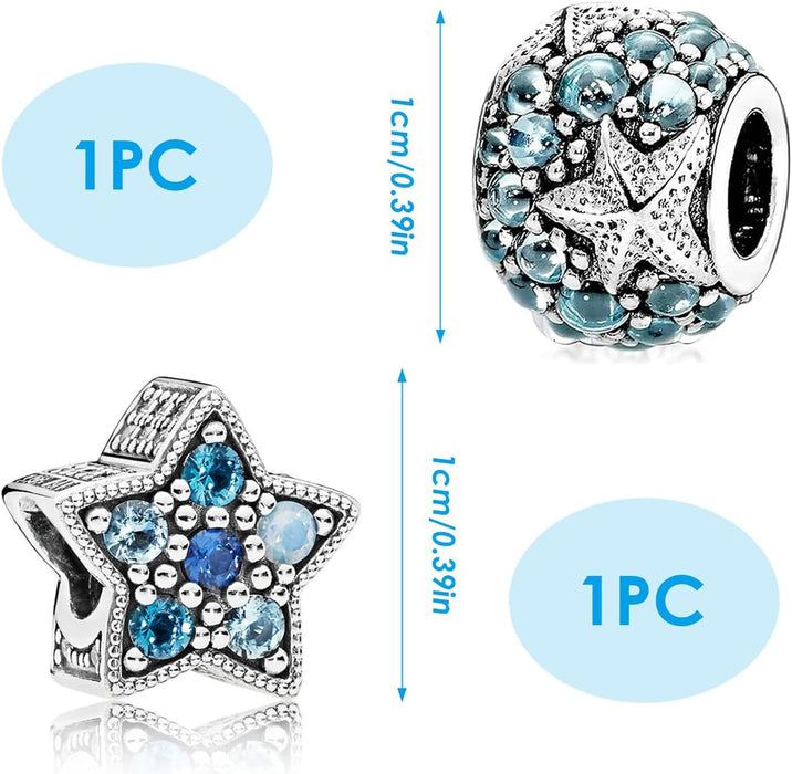 Silver Charms for Bracelets - Summer Ocean Sea Star Pendant with DIY Cube Zirconia Beads, Fashion Jewelry Suitable for Pandora Bracelet Making, DIY Gifts for Women and Girls 2PCS