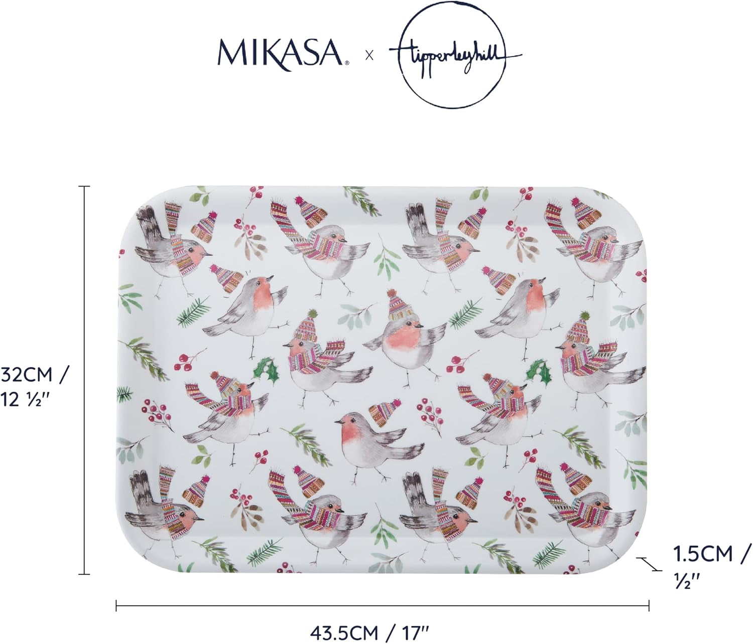 Tipperleyhill Large Rectangle Serving Tray, 43.5Cm X 32Cm Melamine Kitchen Tray, Perfect for Dinner and Drinks, Suitable for All Occasions, Christmas Robin Themed Collection, Ideal for Gifting