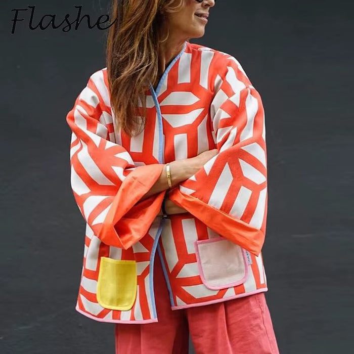 Autumn Winer Women Coat Geometric Print Casual Jackets for Women Fashion Long Sleeve Outerwear