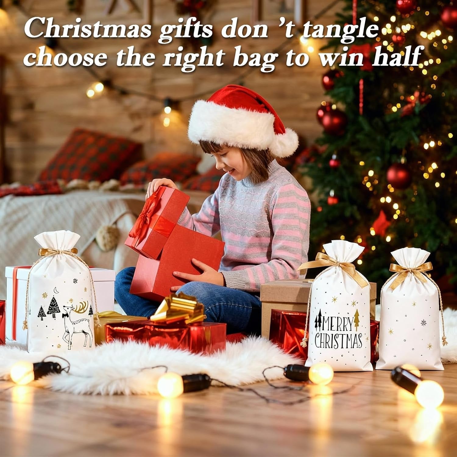 50 PCS Small Christmas Bags with Drawstring, Reusable Xmas Drawstring Gift Packaging Bags for Sweets, Cookies, and Treats, for Christmas, Parties, and Gift Wrapping Biscuits and Chocolates