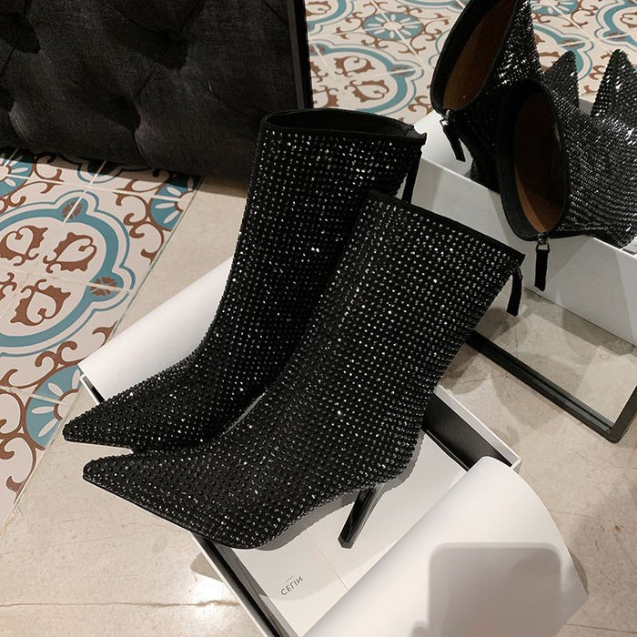 Women's Rhinestone High Heel Booties Boots