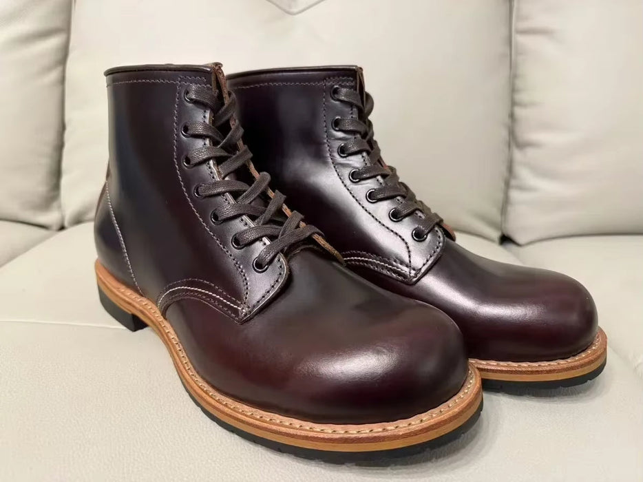 Vintage High Quality Handmade Men Boots Goodyear-Welted Cow Leather round Toe Wedge Ankle Boots Tooling Motorcycle Boots