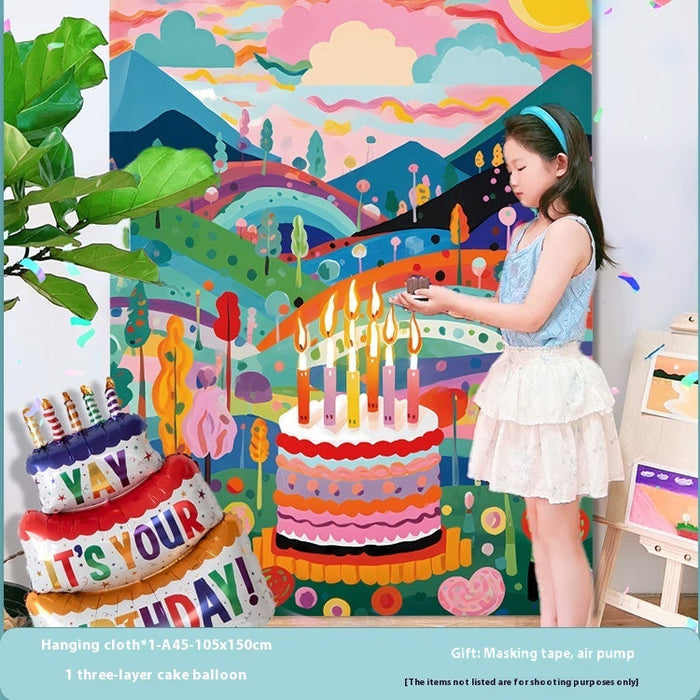 Birthday Party Layout Cake Hanging Cloth Children Background Wall