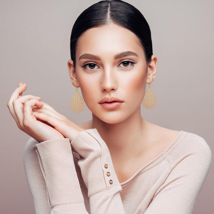 14K Gold Plated Teardrop Dangle Earrings, Handmade Leaf Design, Women'S Fashion Jewellery