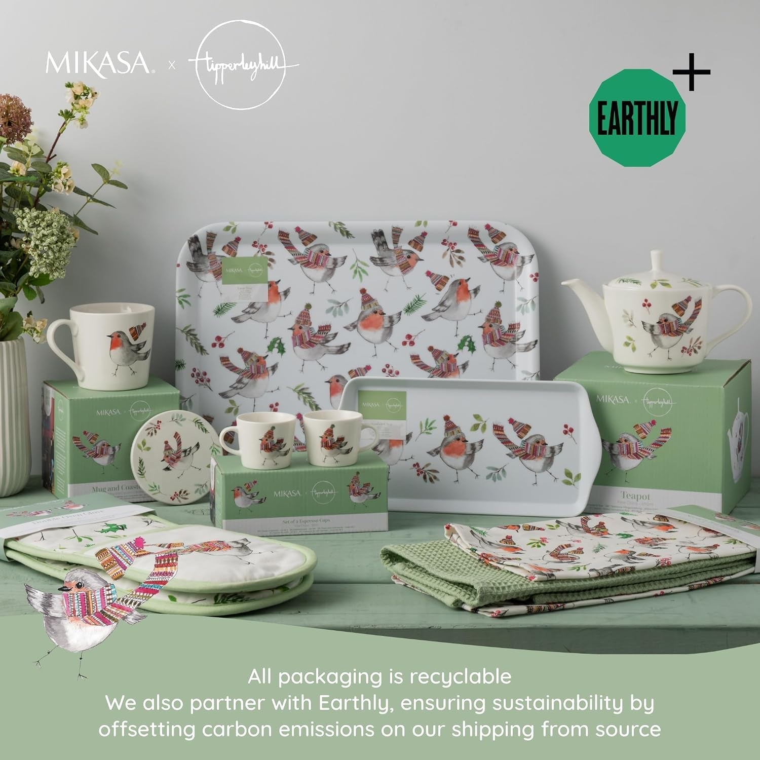 Tipperleyhill Large Rectangle Serving Tray, 43.5Cm X 32Cm Melamine Kitchen Tray, Perfect for Dinner and Drinks, Suitable for All Occasions, Christmas Robin Themed Collection, Ideal for Gifting