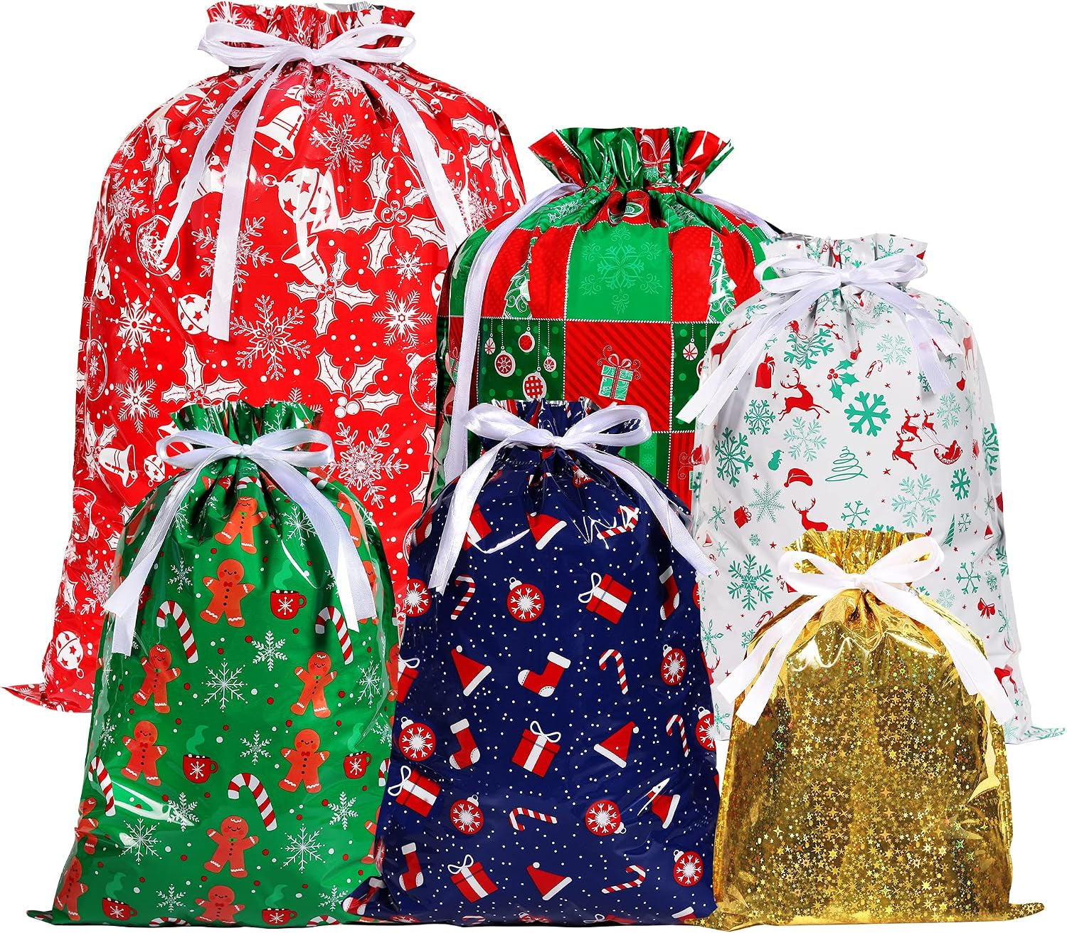 13Pcs Christmas Drawstring Gift Bags, Xmas Wrapping Bags with 6 Patterns Design, 4 Sizes Large Multipack Gift Bags, Reusable Candy Bag with String for Christmas Presents Birthday Party