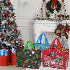 Christmas Tote Bags, Reusable Grocery Tote Bags with Handle, Gift Present Bags for Holiday Xmas Event Party（12 Pack）