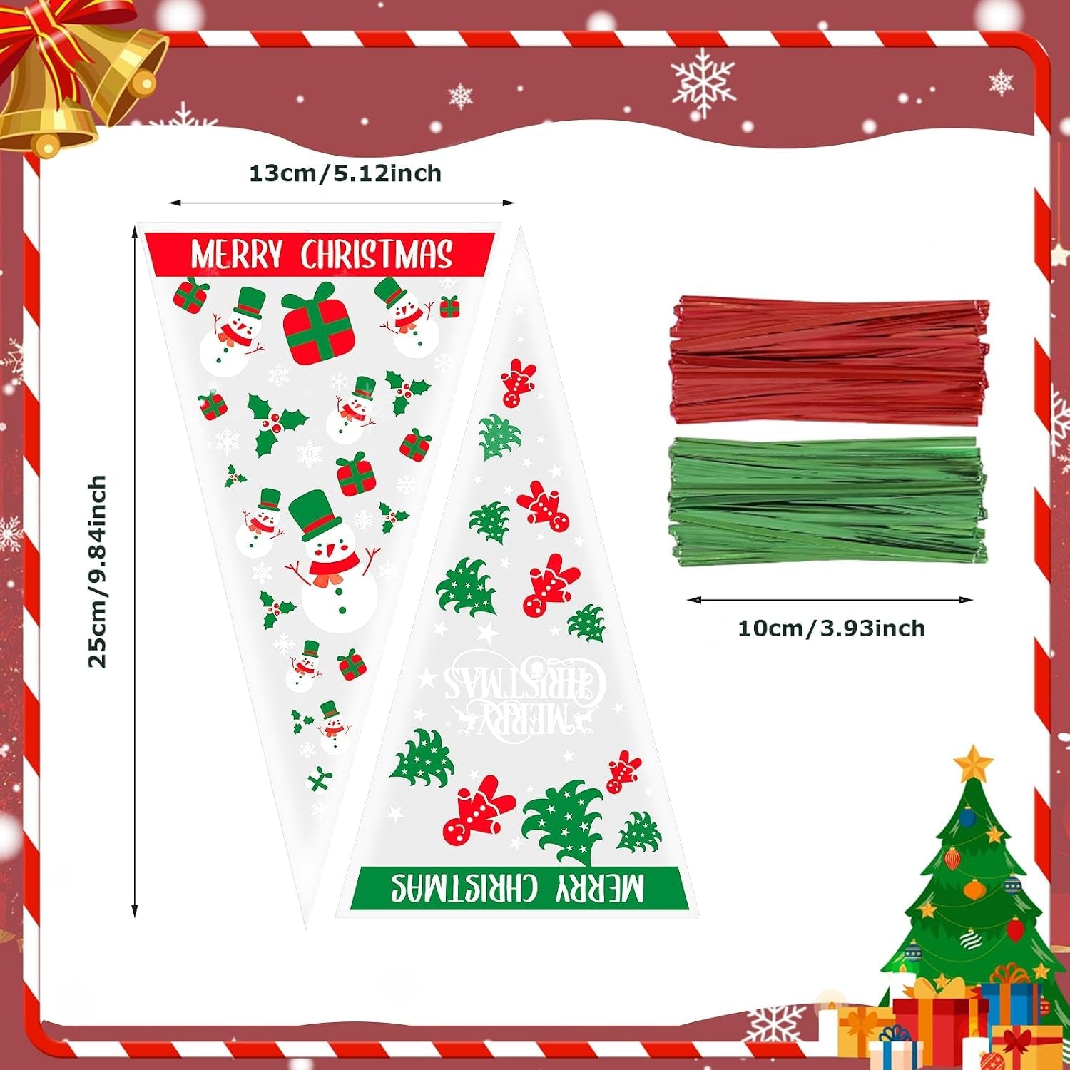 100Pcs Christmas Sweet Cone Bags, 13X25Cm Triangle Candy Bags for Xmas