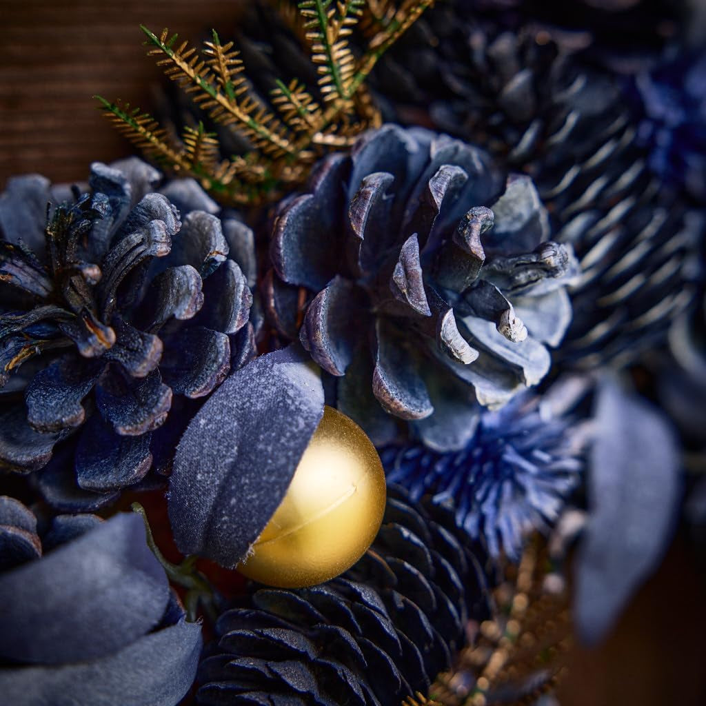 Christmas Wreath Blue Pine Cone Wreath with Gold Leaf & Bauble Decorations
