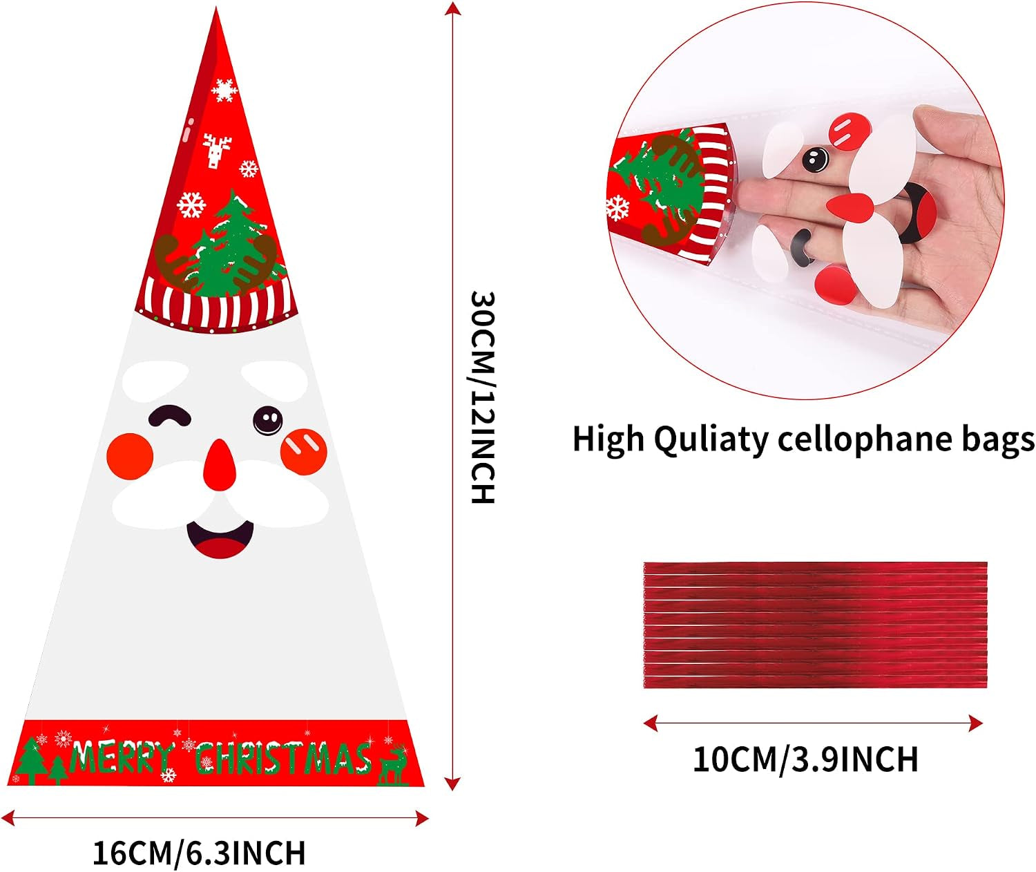 100 Pack Christmas Sweet Cone Bags, Clear Cellophane Candy Treat Bags with 100 Red Twist Ties, 16 X 30Cm/6.3 X 12 Inches, Christmas Occasion