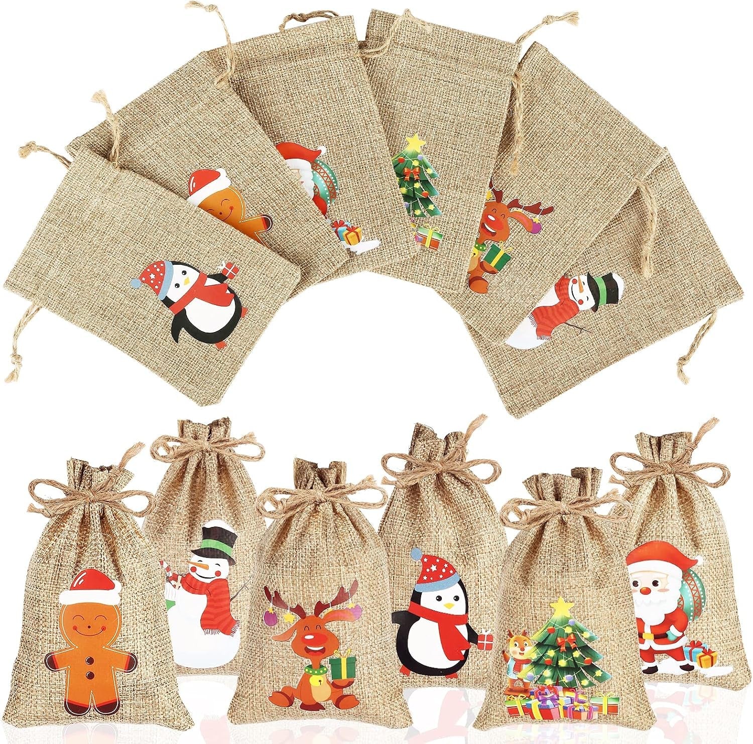 24Pcs Christmas Jute Burlap Bags, Xmas Jute Linen Burlap Drawstring Gift Candy Pouch Snack Sack Craft Goodie Bags for Kids Xmas Party Favors