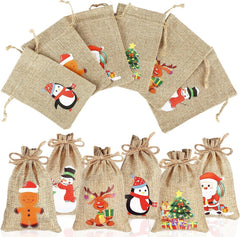 24Pcs Christmas Jute Burlap Bags, Xmas Jute Linen Burlap Drawstring Gift Candy Pouch Snack Sack Craft Goodie Bags for Kids Xmas Party Favors
