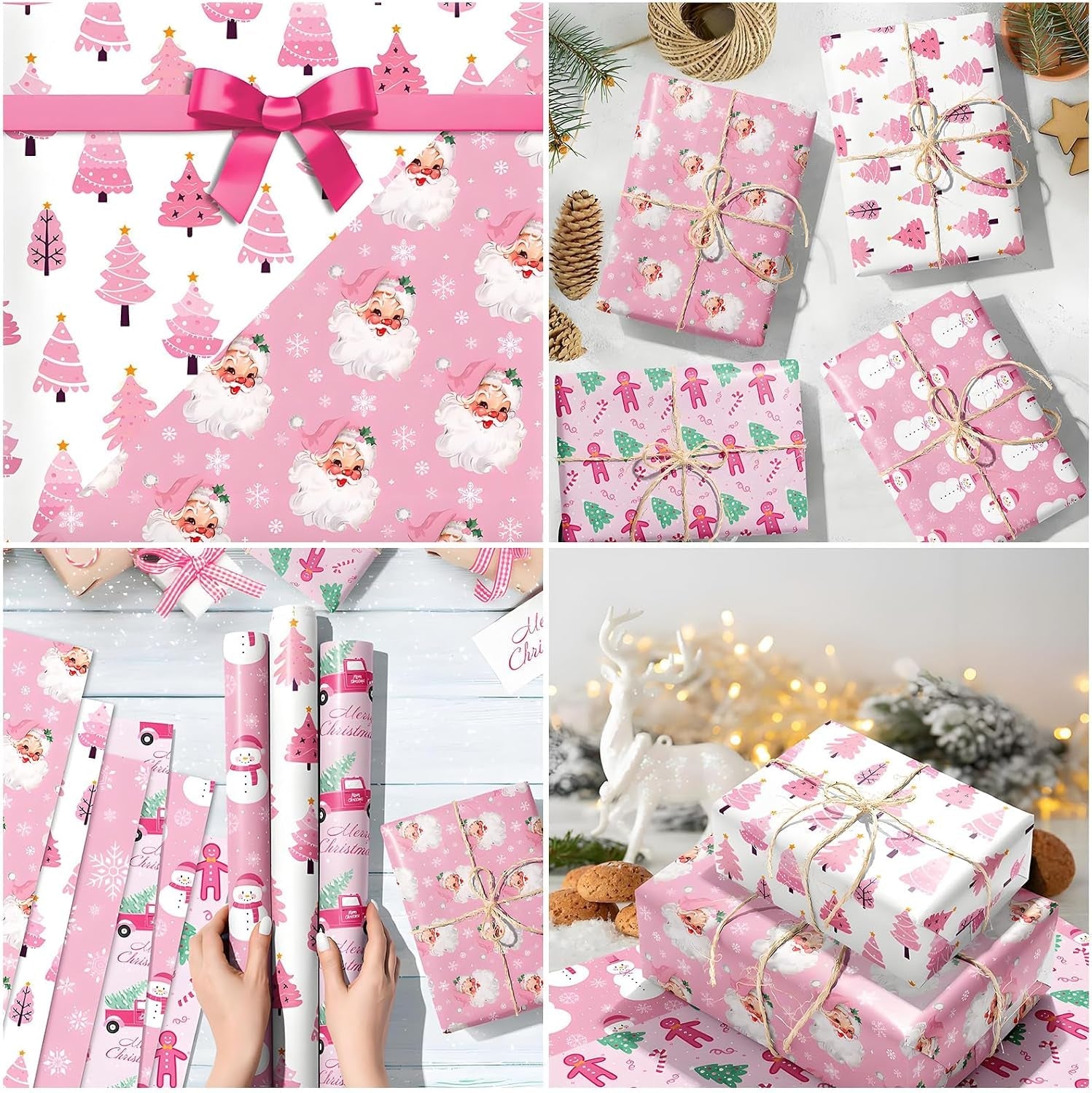 6Pcs Different Patterns Xmas Wrapping Paper + 3 Colored Ribbons Set, Cute Wrapping Paper Xmas Gift Wrap Supplies, Perfect for Holiday Presents, DIY Gift & Festive Packaging ﻿