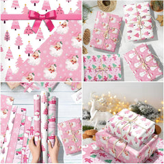 6Pcs Different Patterns Xmas Wrapping Paper + 3 Colored Ribbons Set, Cute Wrapping Paper Xmas Gift Wrap Supplies, Perfect for Holiday Presents, DIY Gift & Festive Packaging ﻿