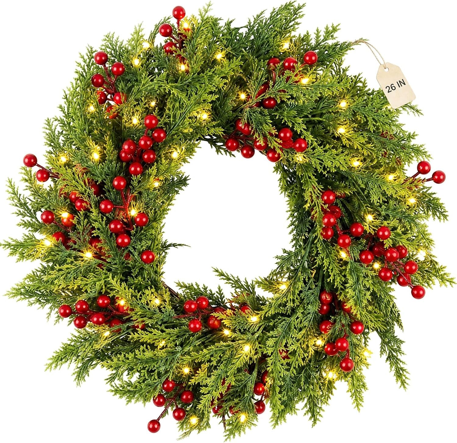 Large Christmas Wreath for Front Door 60 Cm (24 Inches), Artificial Fir Wreath with Red Berries, Pine Cones & Bow, Classic Advent Wreath for Wall & Door Decoration