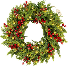 Large Christmas Wreath for Front Door 60 Cm (24 Inches), Artificial Fir Wreath with Red Berries, Pine Cones & Bow, Classic Advent Wreath for Wall & Door Decoration