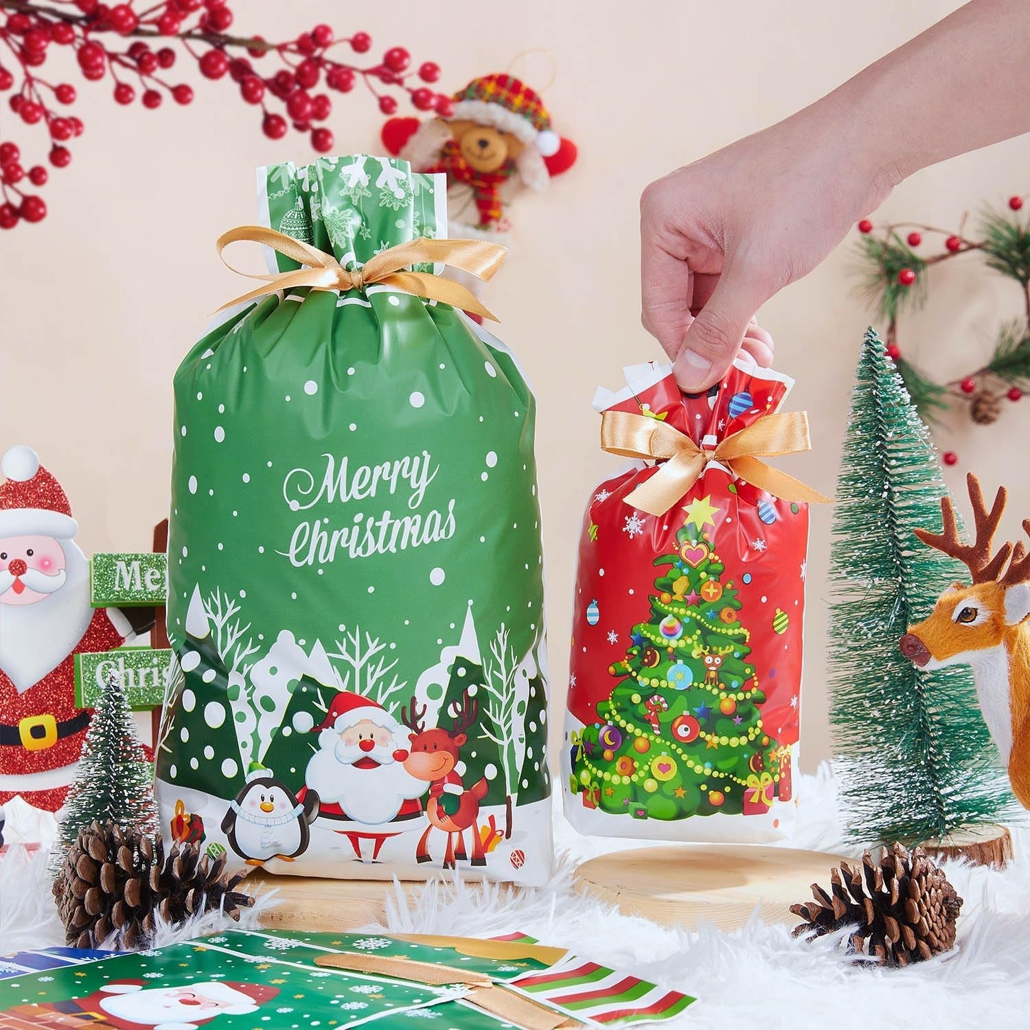 Christmas Drawstring Bags Set - 36 PCS Assorted Xmas Gift Bags in Multipack, Variety of Sizes & Patterns for Christmas Presents & Party
