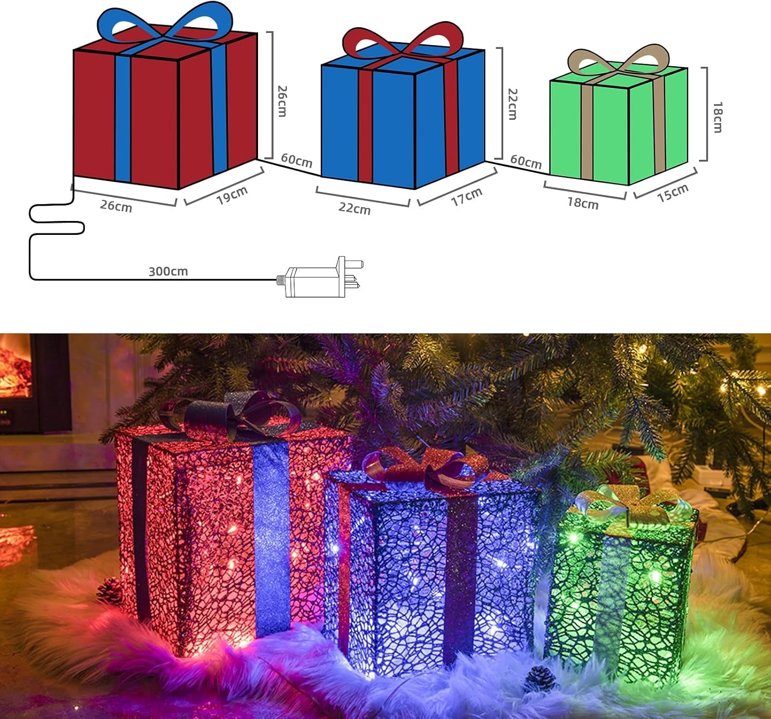 3PK Light up Boxes Multi-Colour LED Gift Box with Lights Plug in for Outdoor Christmas Decorations Gifts for Girls Kids Beloved