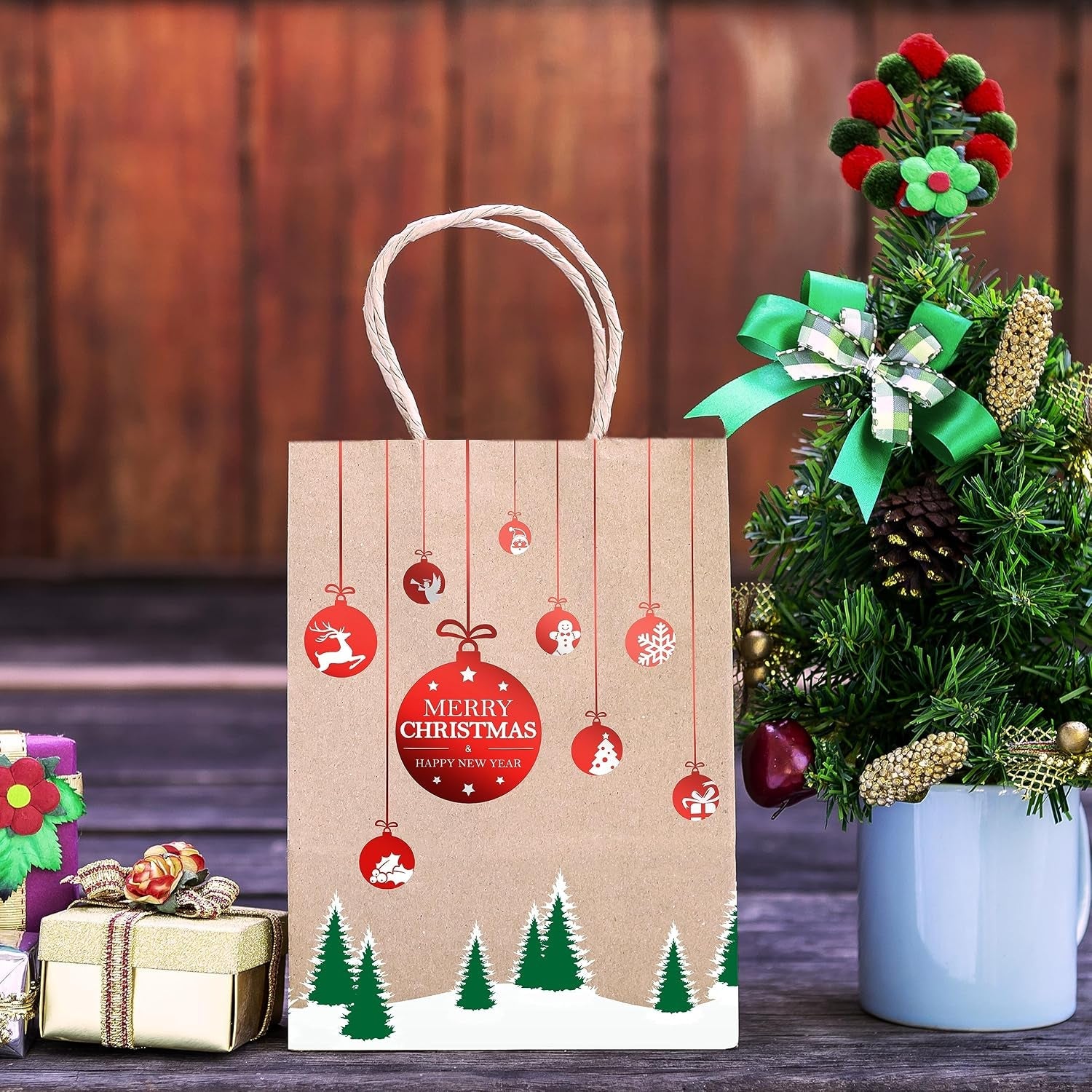 Easykart 24 Christmas Kraft Gift Bags with Red Foiling - Holiday, Xmas, Party Favors (9 X 7.3 X 3.3)