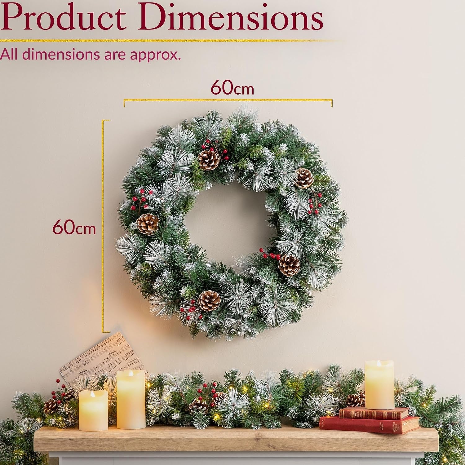 Flocked Christmas Wreath with Pinecones & Berries, 60Cm