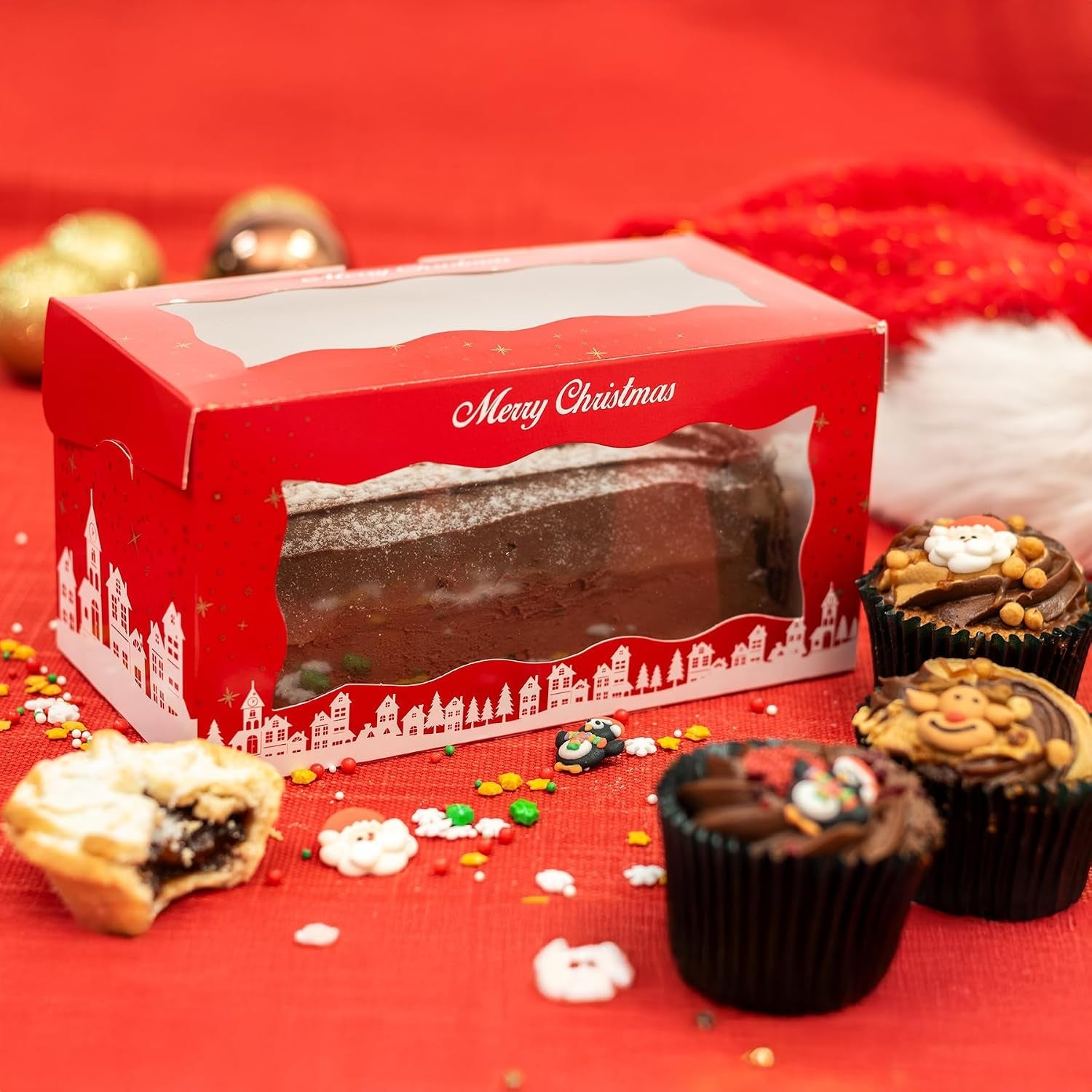 Christmas Log Boxes | 5 Pack | Red & Gold Christmas Display Boxes with See through Window, Strong Cake Boxes for the Festive Holidays | 8" X 4" - 5 Pack